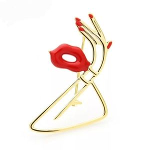 Red Lips and Gold Hands Lady Brooch Pin Cute Sexy Fashion Statement Accessories